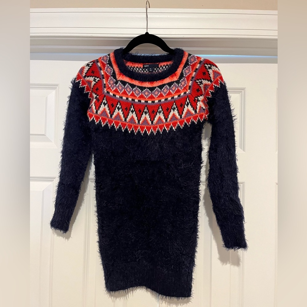 Gap Kids Girls Size L (10) Warm Sweater Dress Knit Navy Blue w/geometric print